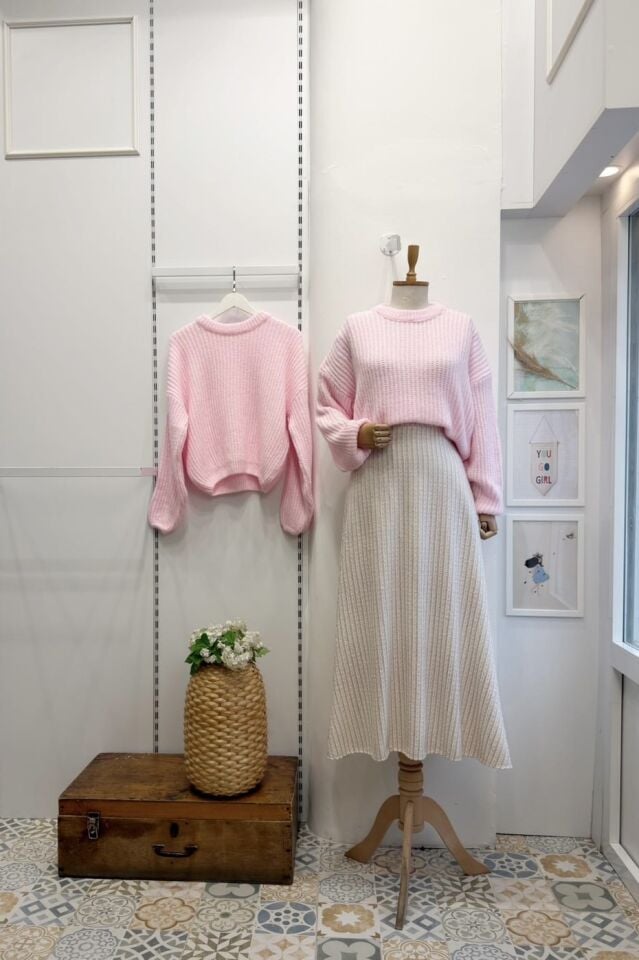 Pembe Çizgili Beyaz Şanel Etek