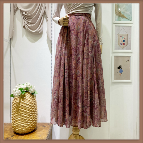 Şal Desenli Mürdüm Şifon Etek