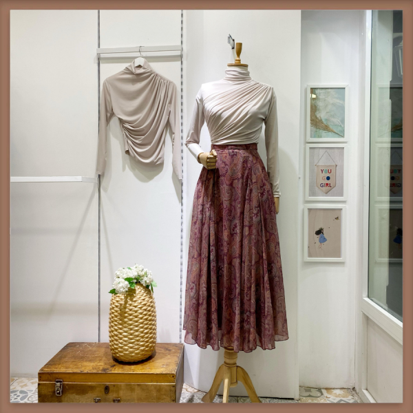 Şal Desenli Mürdüm Şifon Etek