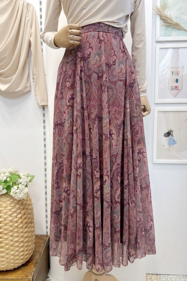 Şal Desenli Mürdüm Şifon Etek