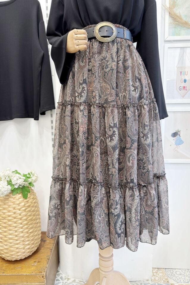 Siyah Kat Kat Kemerli Şifon Etek