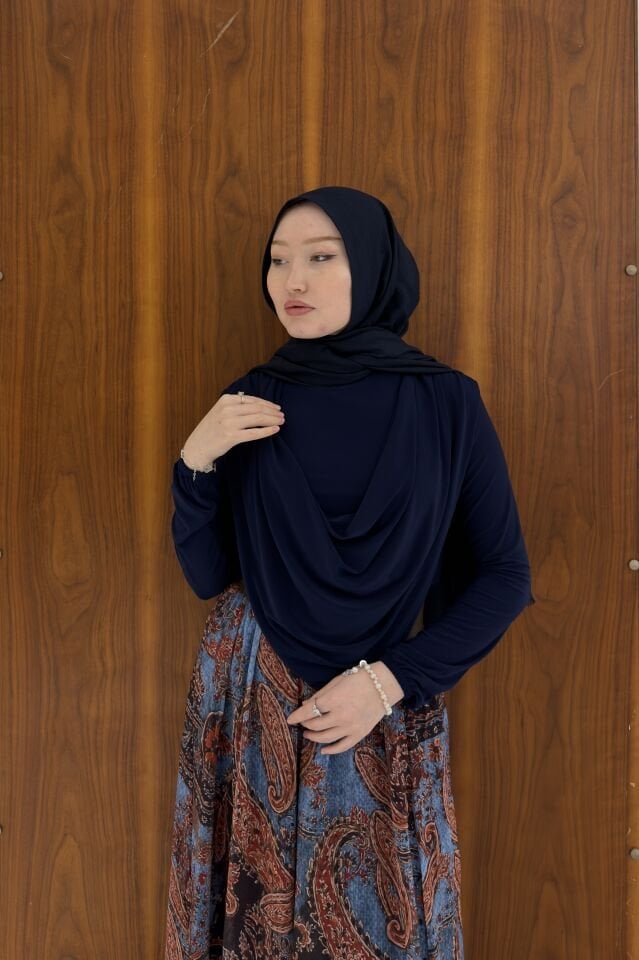 Lacivert Desenli Pantain Şifon Etekli Takım