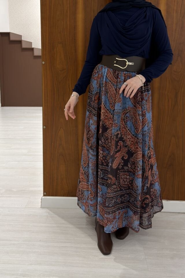 Lacivert Desenli Pantain Şifon Etekli Takım