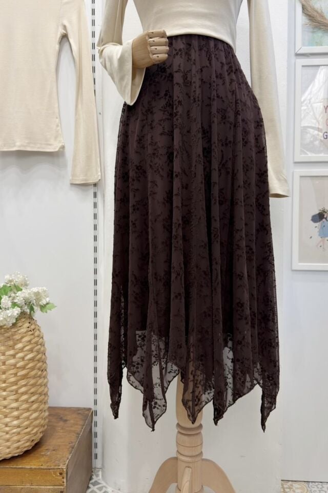 Kahverengi Flog Baskı Asimetrik Şifon Etek