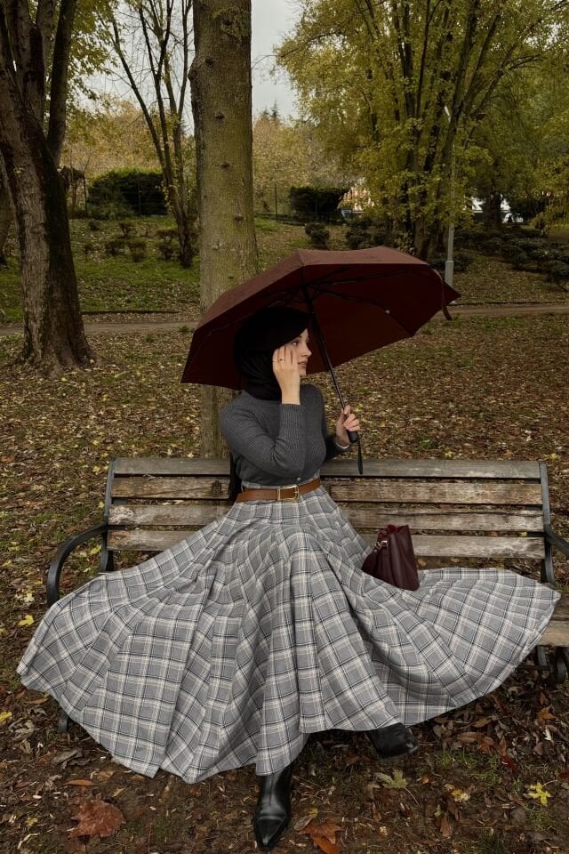 Faya Girls x Gri Deri Kemerli Ekoseli Grazia Etek