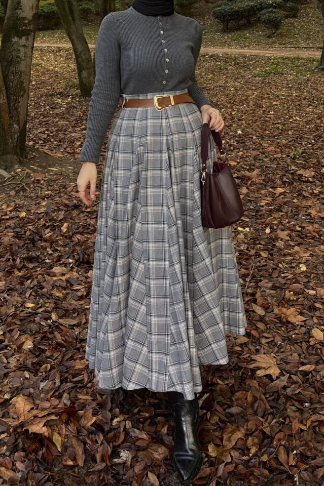 Faya Girls x Gri Deri Kemerli Ekoseli Grazia Etek