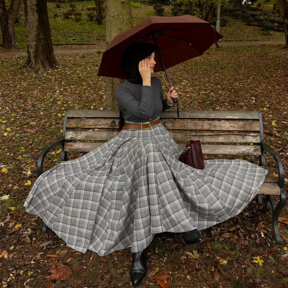 Faya Girls x Gri Deri Kemerli Ekoseli Grazia Etek