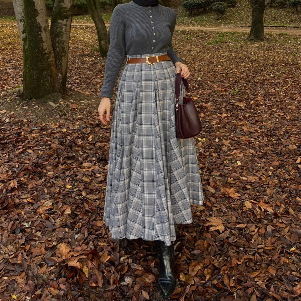 Faya Girls x Gri Deri Kemerli Ekoseli Grazia Etek