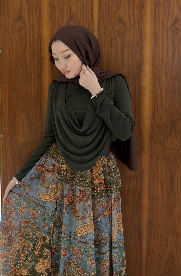 Yeşil Desenli Pantain Şifon Etekli Takım