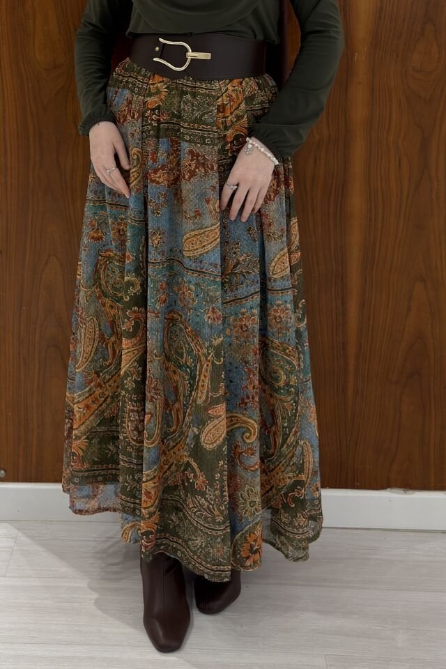 Yeşil Desenli Pantain Şifon Etekli Takım