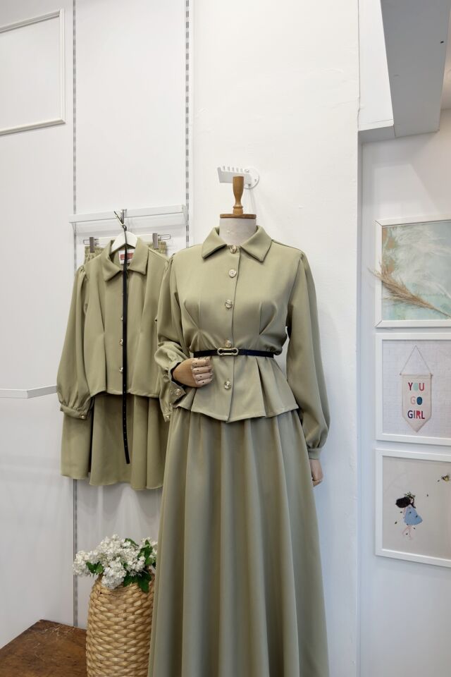 Çağla Yeşili Kemer Detaylı Pattern Crep Takım