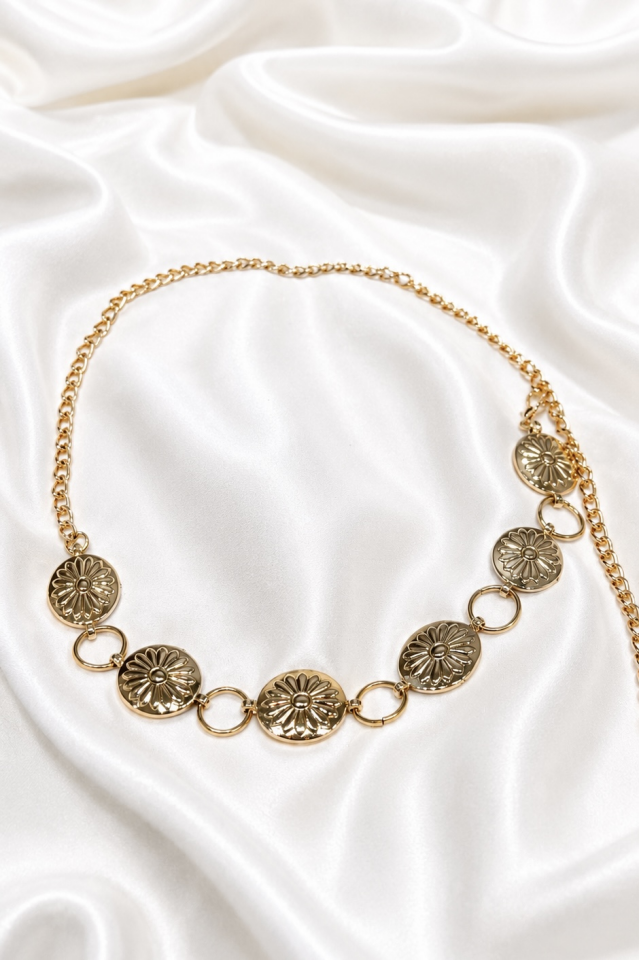 Fiore Desenli Gold Plaka Zincir Kemer