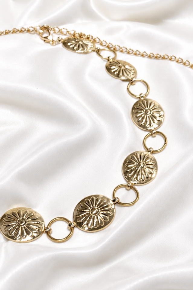 Fiore Desenli Gold Plaka Zincir Kemer
