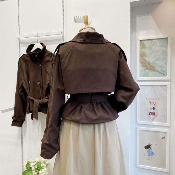 Kahverengi Balıkçı Yaka Kuşaklı Kısa Trençkot