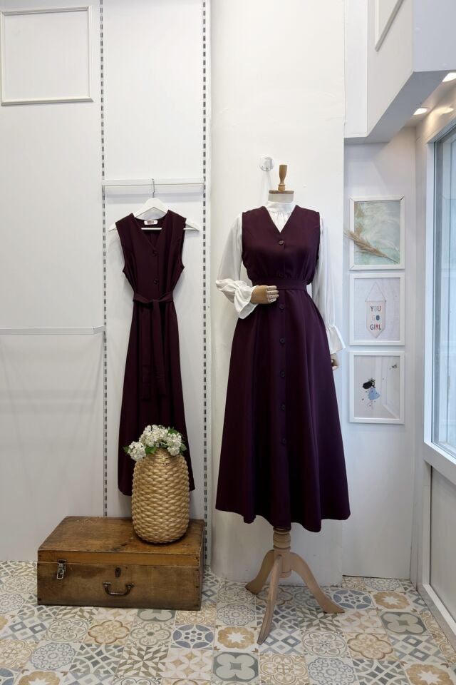 Mürdüm önü düğmeli double crep kumaş jile