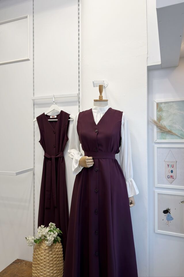 Mürdüm önü düğmeli double crep kumaş jile