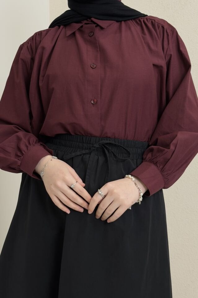 Bordo Omzu Pileli Poplin Gömlek
