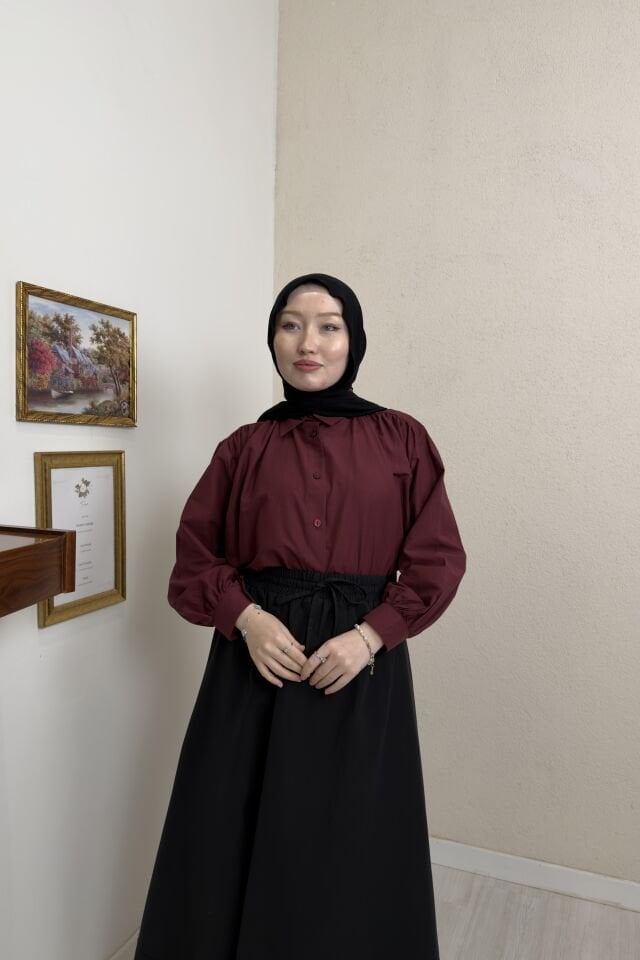 Bordo Omzu Pileli Poplin Gömlek