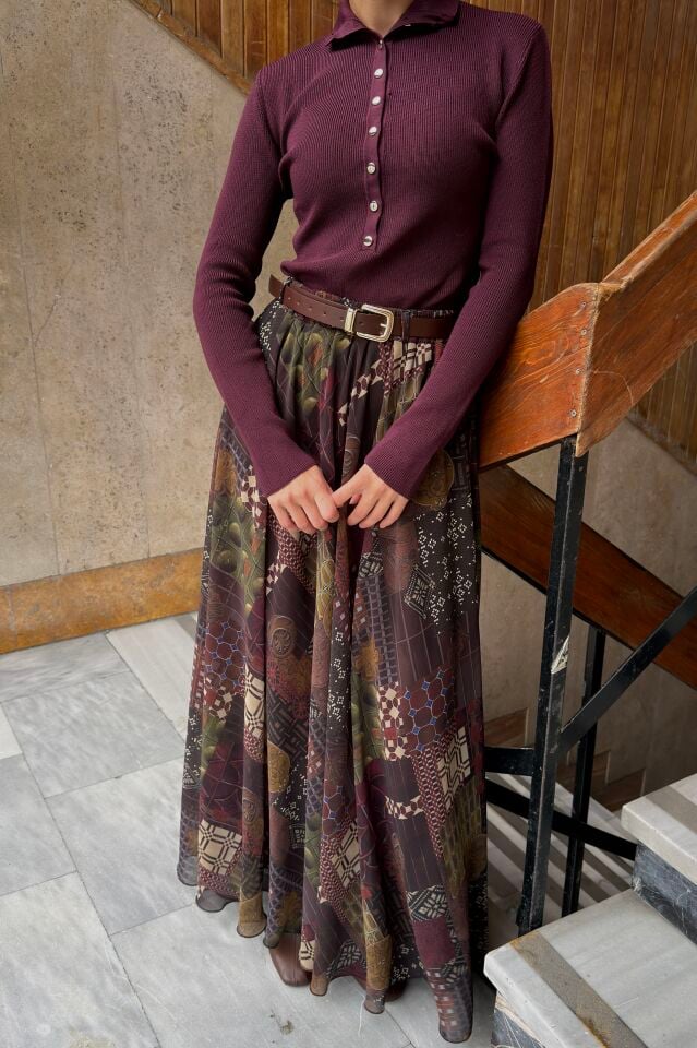 Bordo Boil Desenli Şifon Etek