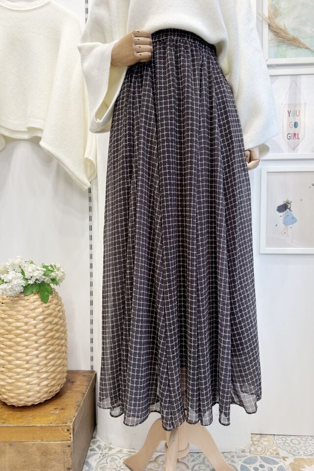 Kahverengi Şifon Kare Çizgili Etek