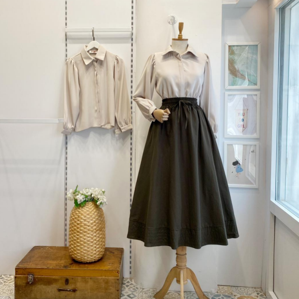 Haki Yeşili Beli Lastikli Zeran Etek