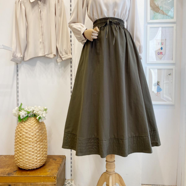 Haki Yeşili Beli Lastikli Zeran Etek