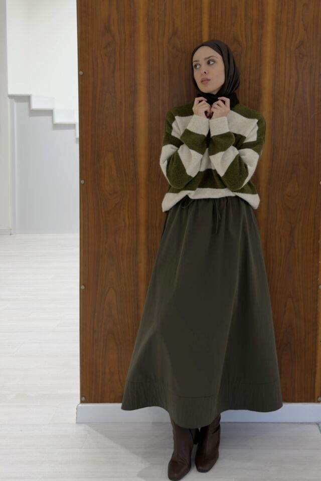 Haki Yeşili Beli Lastikli Zeran Etek