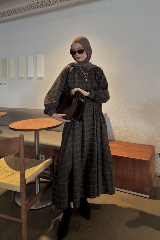 Faya Girls x Kahverengi Ekoseli Sweety Elbise