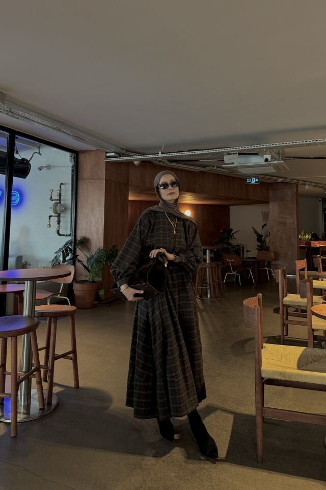 Faya Girls x Kahverengi Ekoseli Sweety Elbise