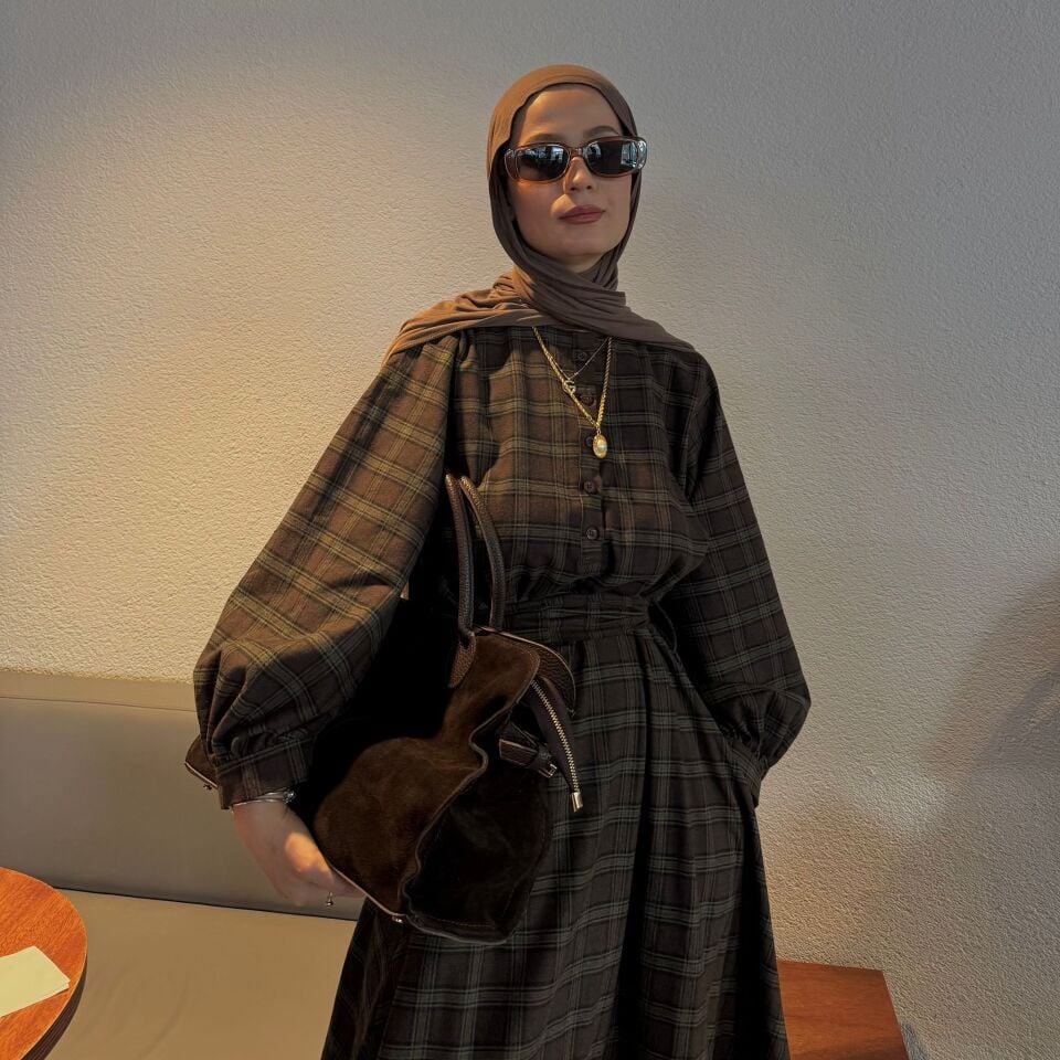 Faya Girls x Kahverengi Ekoseli Sweety Elbise