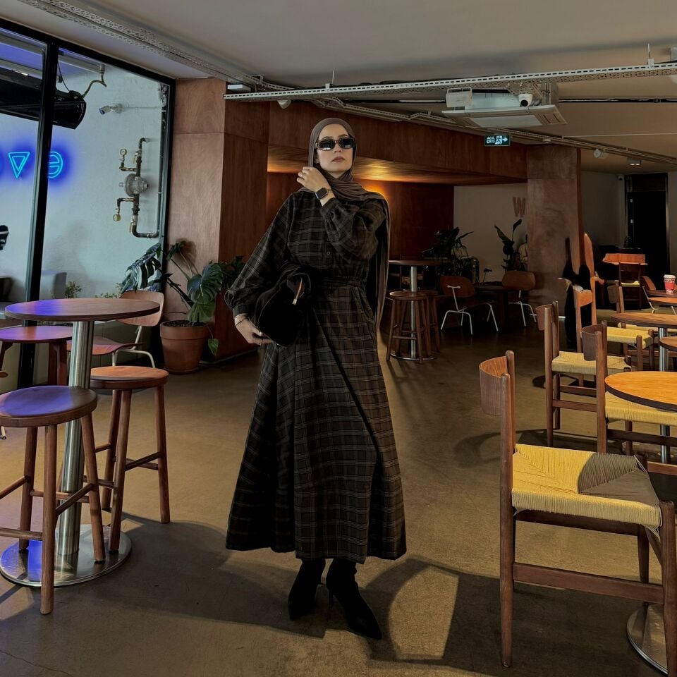 Faya Girls x Kahverengi Ekoseli Sweety Elbise