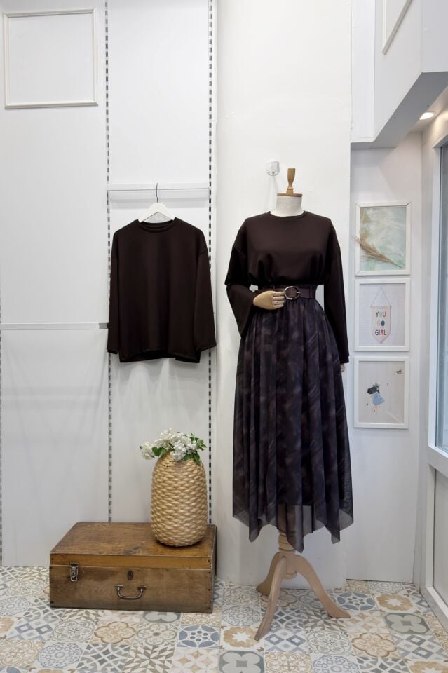 Kahverengi Kemerli Desert Tül Etek