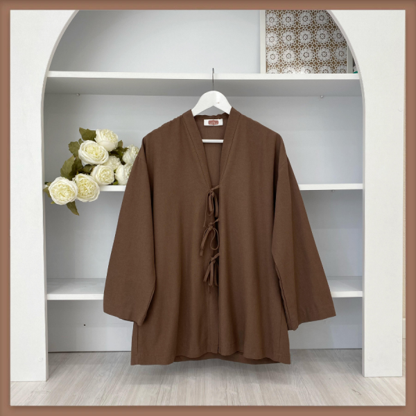 Kahverengi Bağcıklı Kimono Tunik