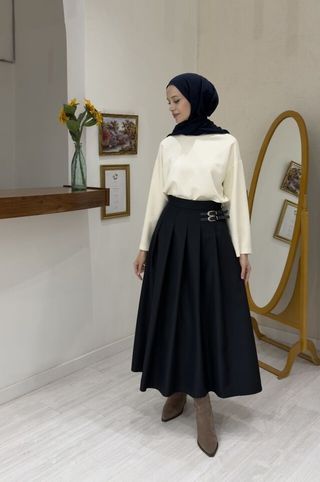 Lacivert Kemer Detaylı Gravia Etek