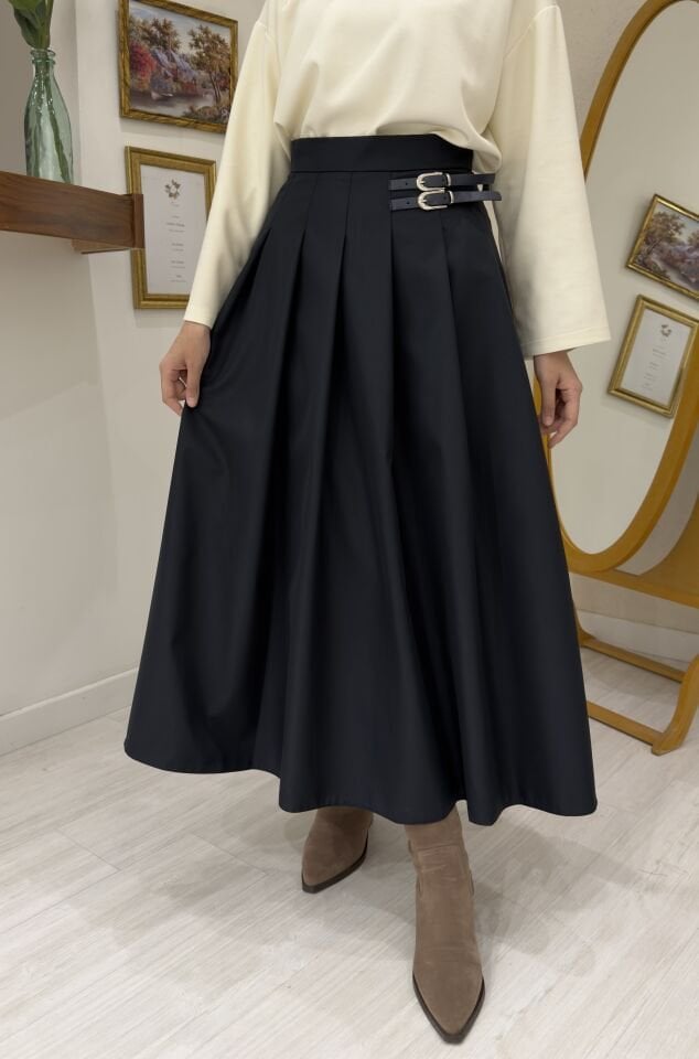 Lacivert Kemer Detaylı Gravia Etek