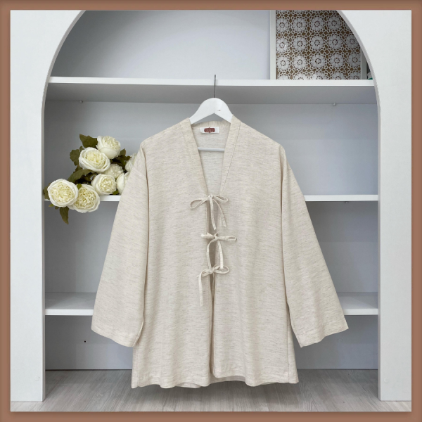 Krem Bağcıklı Kimono Tunik