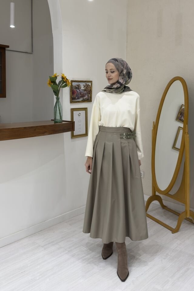 Çağla Yeşili Kemer Detaylı Gravia Etek