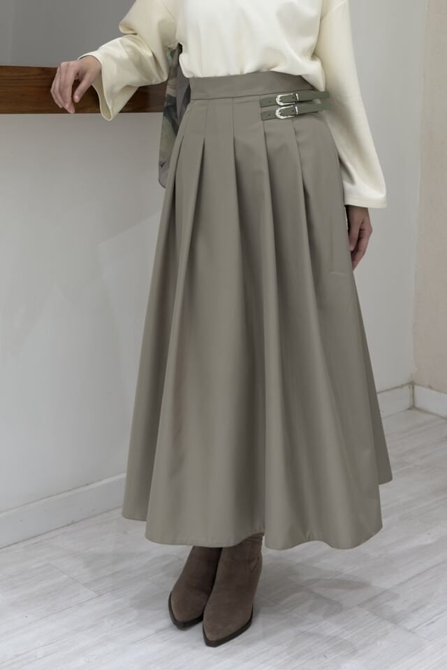 Çağla Yeşili Kemer Detaylı Gravia Etek