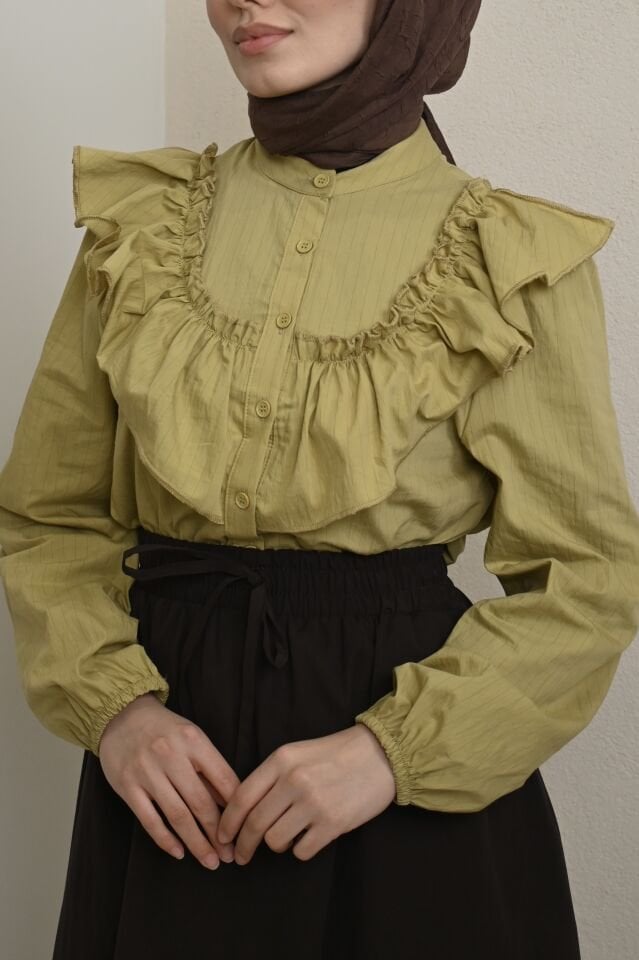 Volanlı Yağ Yeşili Gömlek