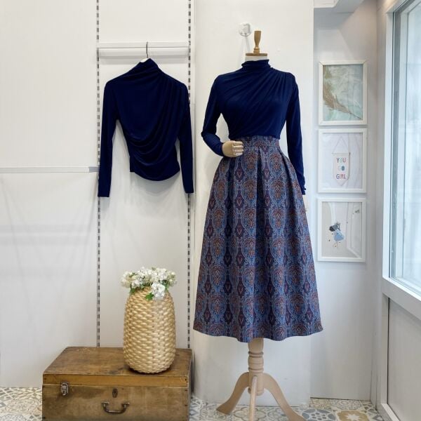 Lacivert Etnik Desenli Pileli Etek