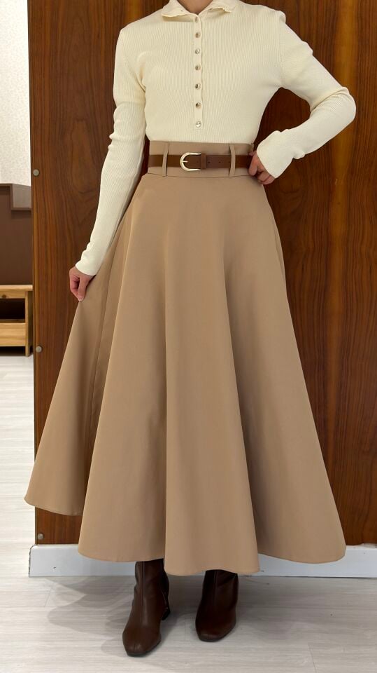 Camel Gabardin Kumaş Kloş Etek