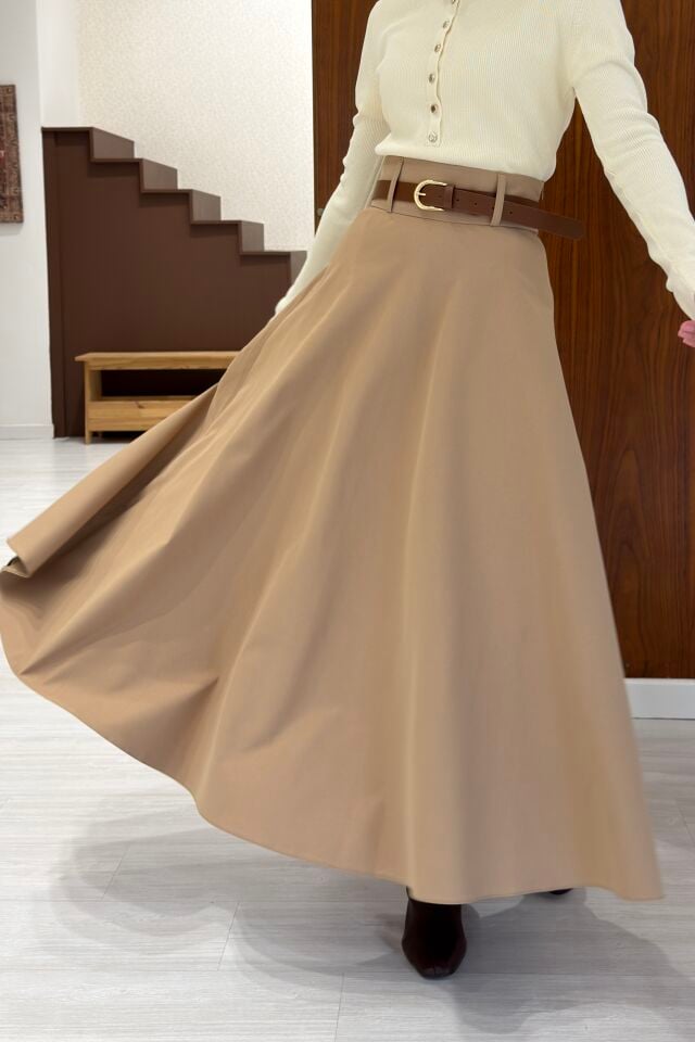 Camel Gabardin Kumaş Kloş Etek