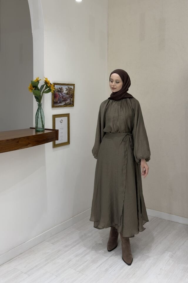 Dalgalı Şifon Kumaş Haki Yeşili Balon Kol Takım