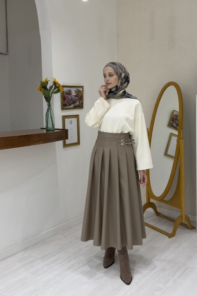 Koyu Vizon Kemer Detaylı Gravia Etek