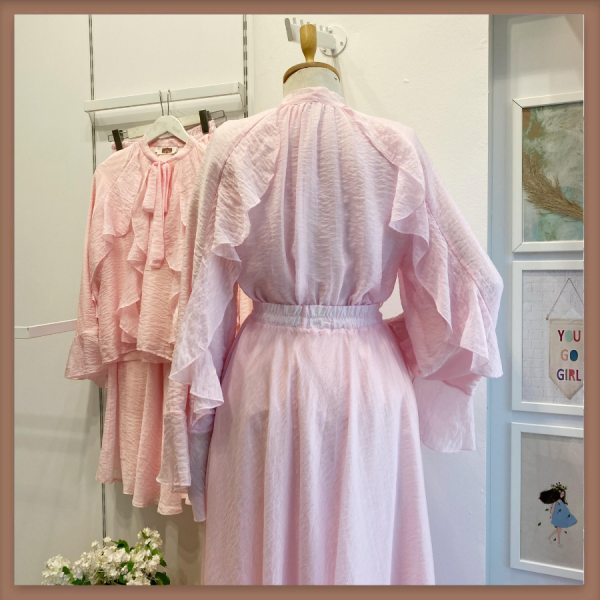 Pembe İspanyol Kol Mimosa Şifon Takım