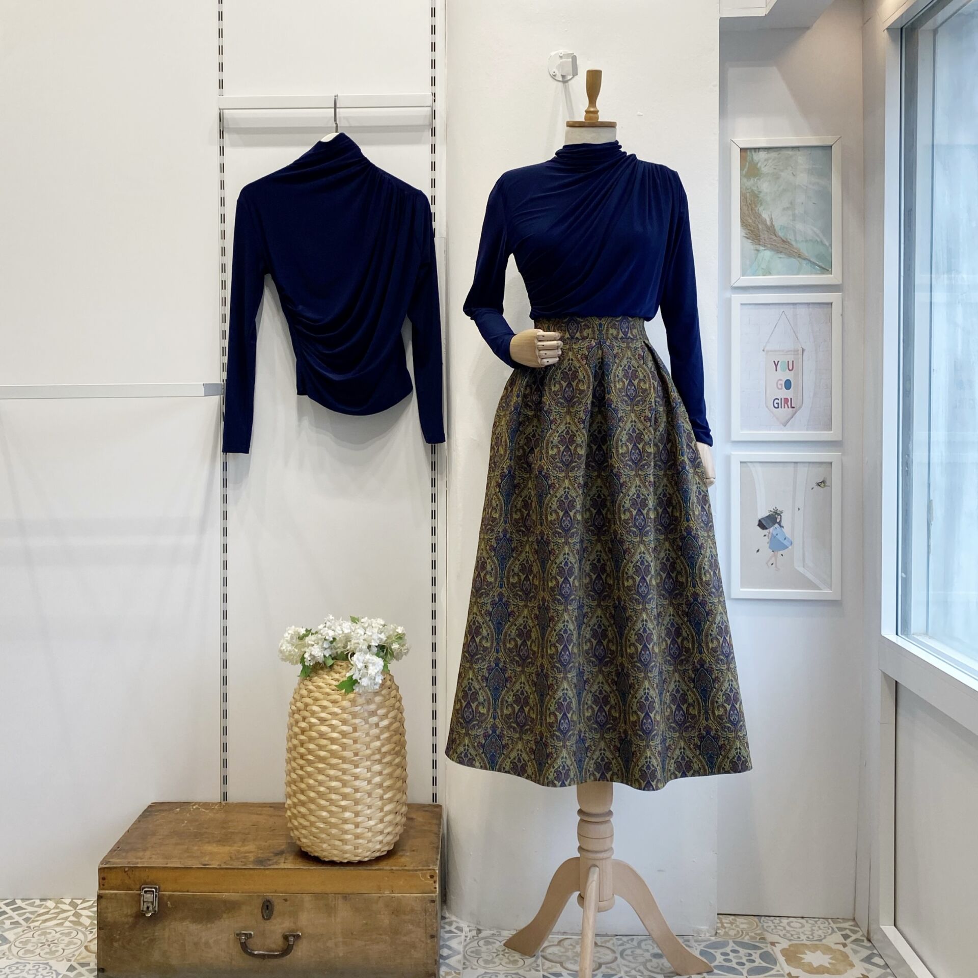 Yeşil Etnik Desenli Pileli Etek