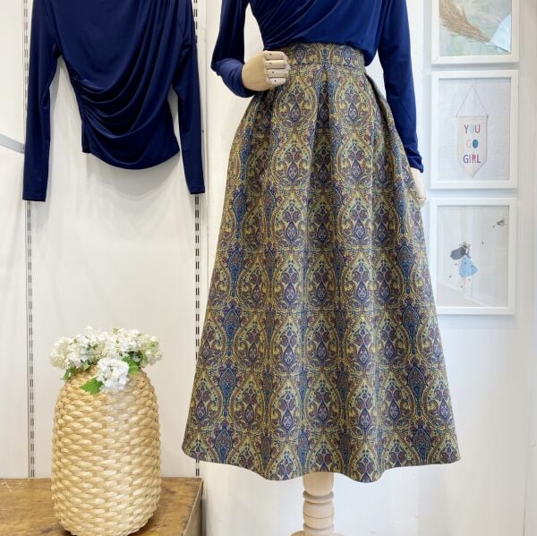 Yeşil Etnik Desenli Pileli Etek