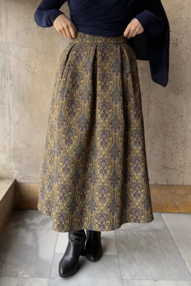 Yeşil Etnik Desenli Pileli Etek