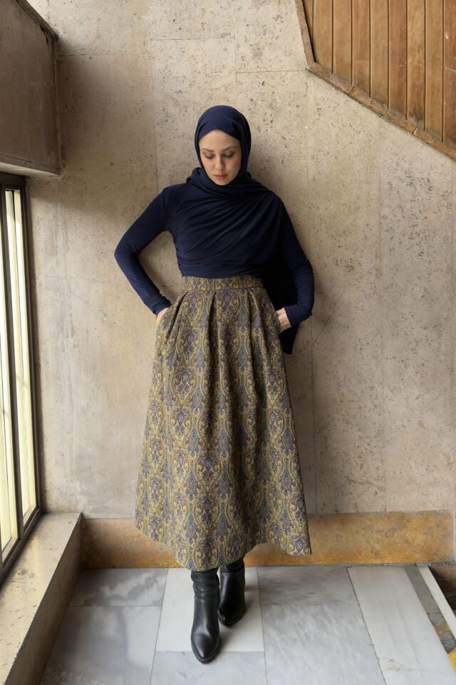 Yeşil Etnik Desenli Pileli Etek