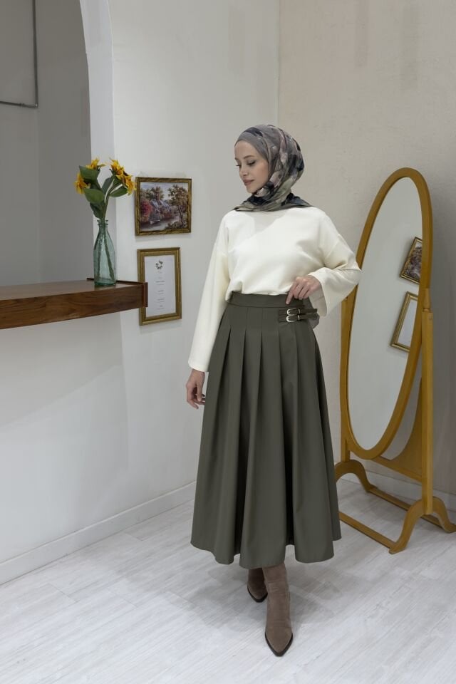 Haki Yeşili Kemer Detaylı Gravia Etek